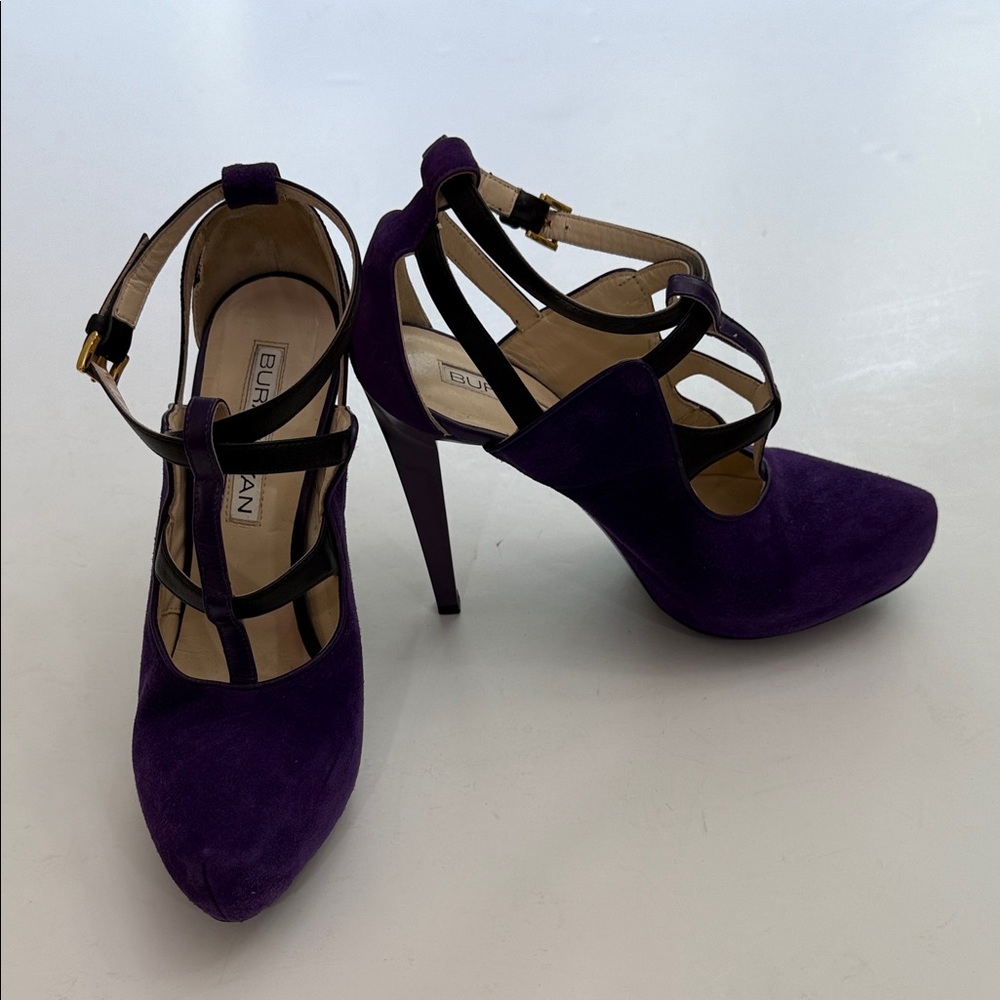 Elegant Women's Purple Suede Heels with Black leather Straps